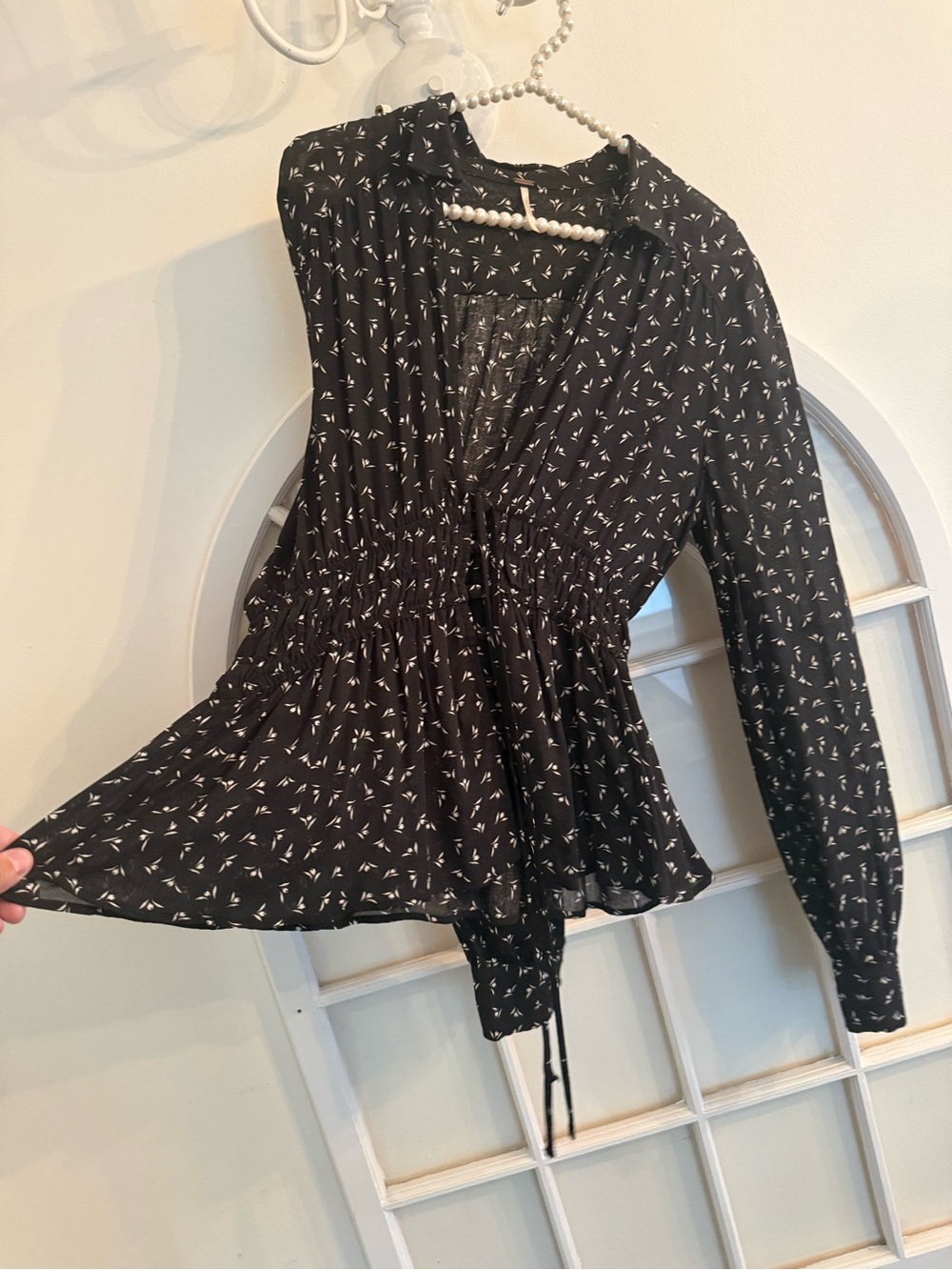 Free People Black Floral Smocked Waist Peplum Long Sleeve Top Size Large